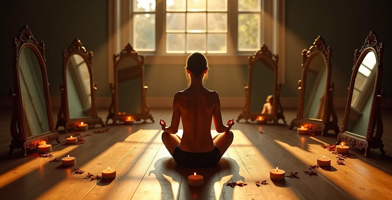 Personne assise en cercle avec plusieurs miroirs reflétant différents âges de sa vie