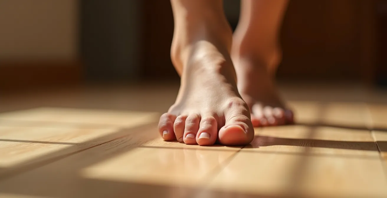 Gros plan sur des pieds nus marchant lentement sur une surface naturelle en bois pendant une pratique de marche méditative