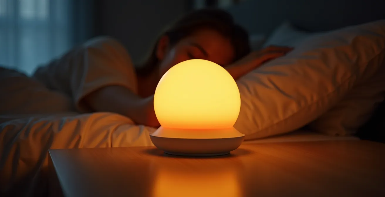 Lampe simulateur d'aube diffusant une lumière orangée progressive dans une chambre sombre au petit matin