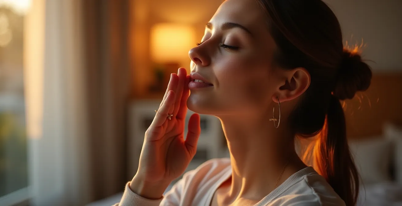 Personne pratiquant une technique de stimulation du nerf vague par respiration profonde au crépuscule