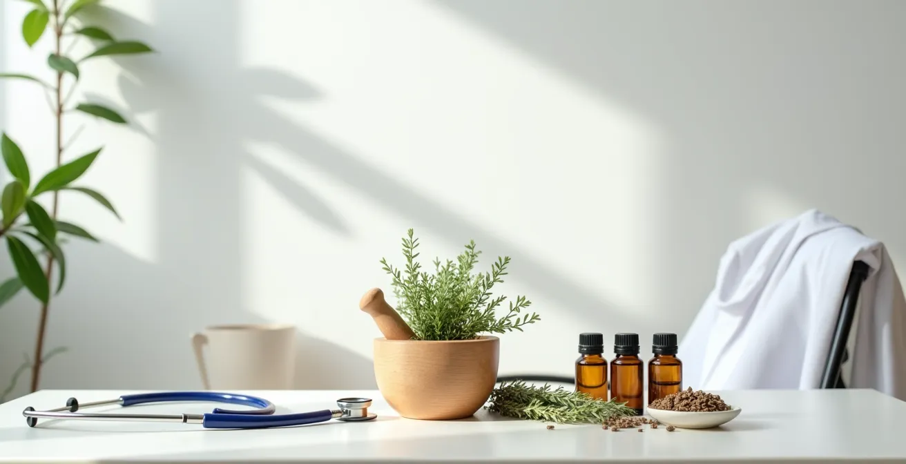 Composition minimaliste montrant l'équilibre entre médecine conventionnelle et approches naturelles