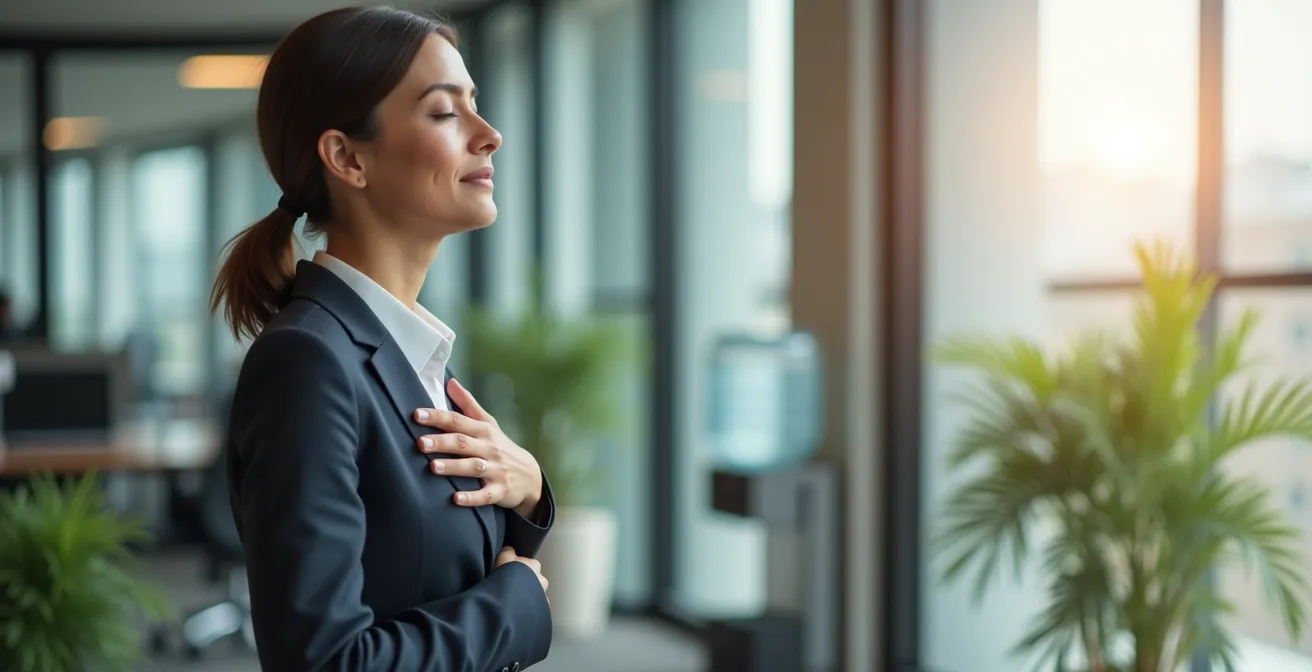 Professionnel pratiquant une pause respiratoire debout près d'une fenêtre de bureau