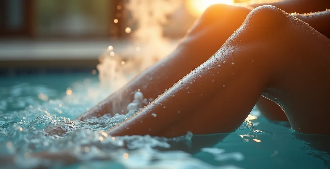 Gros plan sur jambes dans un bain avec vapeur visible et contraste de température