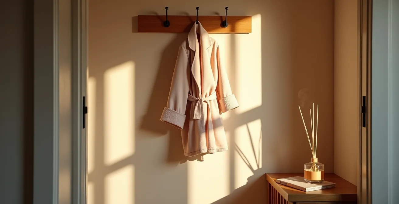 Vue minimaliste d'une entrée de maison avec vêtements confortables et huiles essentielles