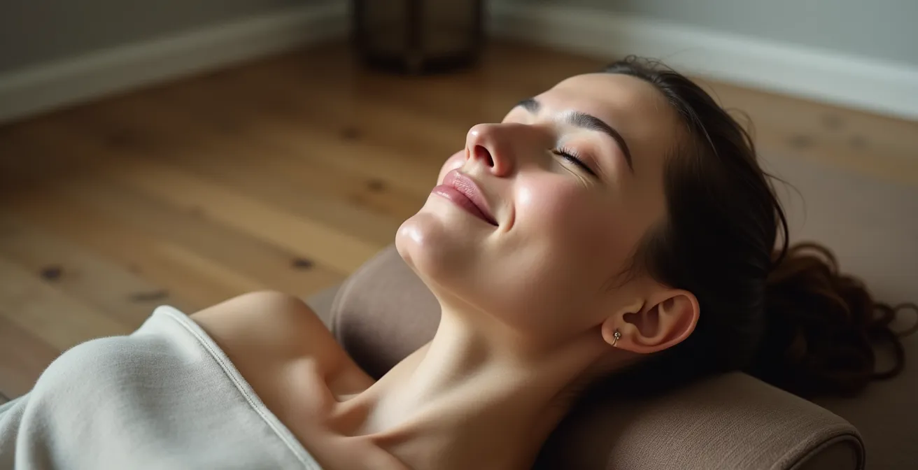 Personne allongée en position Shavasana pratiquant le yoga nidra dans un environnement calme