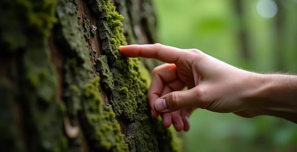 Personne pratiquant le shinrin-yoku dans une forêt dense avec lumière filtrée Personne pratiquant le shinrin-yoku dans une forêt dense avec lumière filtrée