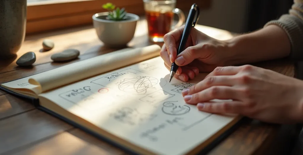 Carnet ouvert avec notes manuscrites entouré d'objets symbolisant le bien-être mental Carnet ouvert avec notes manuscrites entouré d'objets symbolisant le bien-être mental